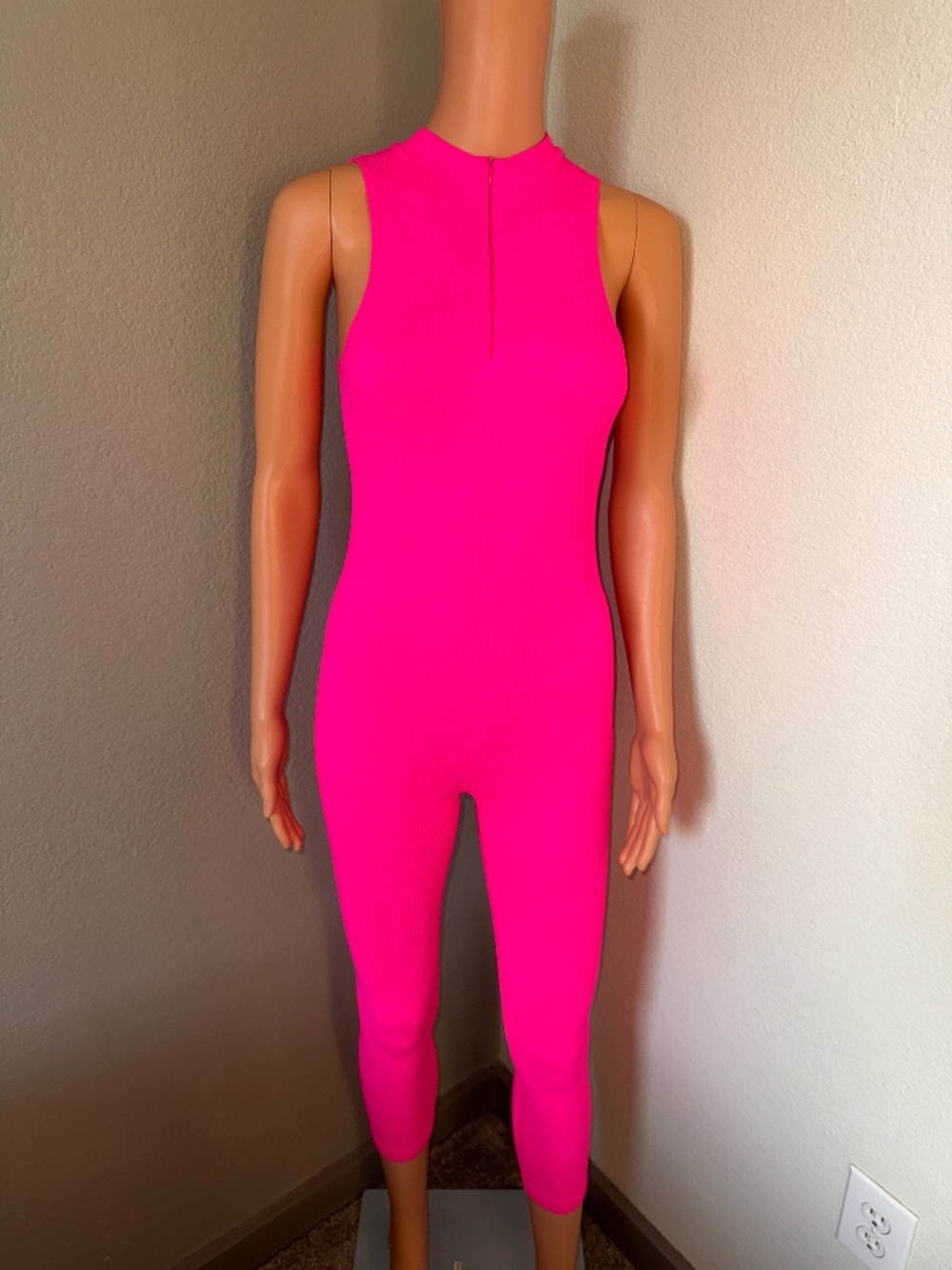 Seamless Ribbed Neon Pink Capri Jumpsuit | Sleeveless Bodycon Catsuit